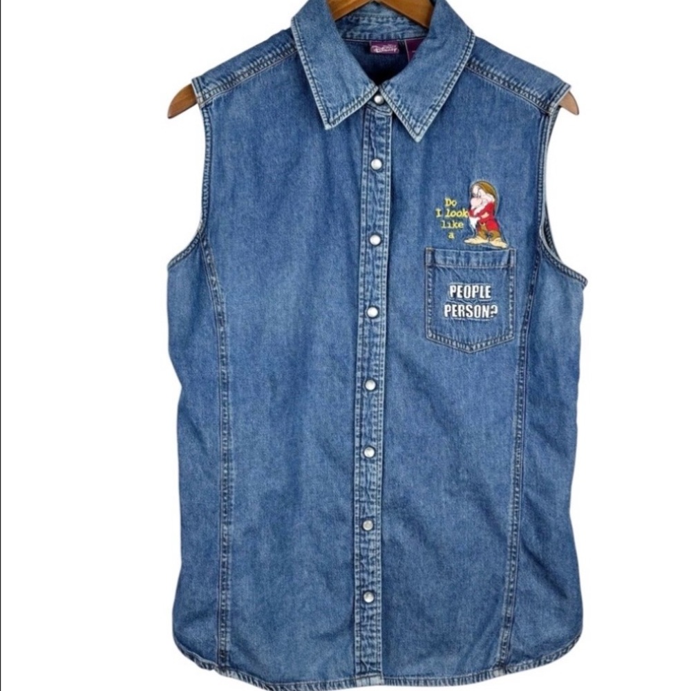 VTG 90s Disney Snow White Grumpy Do I Look Like a People Person Jean Vest 1X